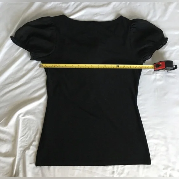 EUC WHBM black short sleeve vneck top with sheer ruffle accent and sleeves. - Picture 4 of 8